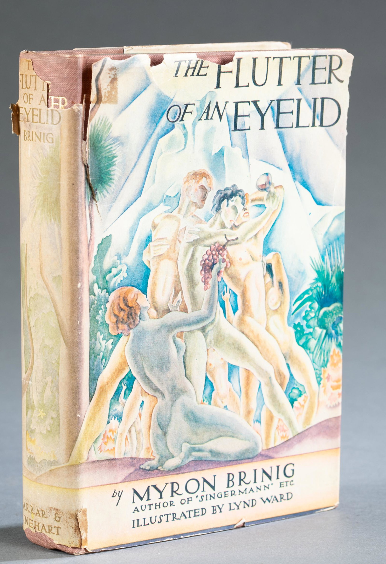 Brinig. Ward. Flutter of an Eyelid. 1933.: [Lynd Ward] Brinig, Myron. Illustrated by Lynd Ward. The Flutter of an Eyelid. Farrar & Rinehart Inc, New York, 1933. 8vo. Mauve cloth with gilt lettering. Condition Very good. Wear to dust jacket wit