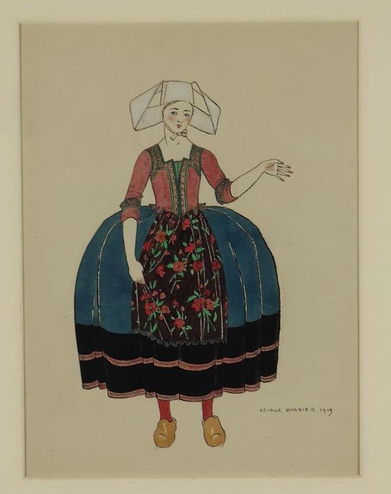 George Barbier. Gouache. Dutch Girl. 1919.: [Art] Barbier, George (French, 1882-1932). "Dutch Girl". 1919. Ink and Gouache on card. Signed and dated l.r. Image: 10 1/2" x 7 3/4". Matting: 18" x 14". Condition Very good to near fine. Light tonin