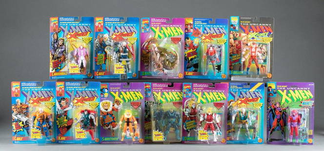 12 Uncanny X-Men action figures MOC.: A group of twelve Uncanny X-Men action figures mint on card. ToyBiz 1990's. Approx, 10" x 7 1/2" x 2". ++5 of The Evil Mutants series including 1991 Magneto #4908, 1992 Sabretooth #4939, 1993 Omega