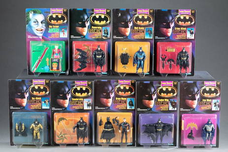 9 'Batman: Dark Knight Collection' action figures.: A group of nine 'Batman: The Dark Knight Collection' action figures, mint on card. Kenner 1990. All approximately 12" x 7 1/4" x 2 1/4". ++ Quick Change Suit Bruce Wayne. ++Sky Escape Joker. ++Wall Sc