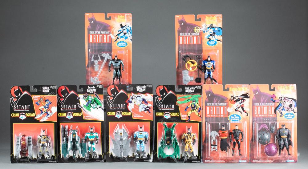 8 'Batman: The Animated Series' action figures.: A group of four "Batman: The Animated Series: Crime Squad" and four "Batman: The Animated Movie: Mask of the Phantasm" action figures mint on card. Kenner 1990's. All approximately 12" x 7 1/4" x 1 1/