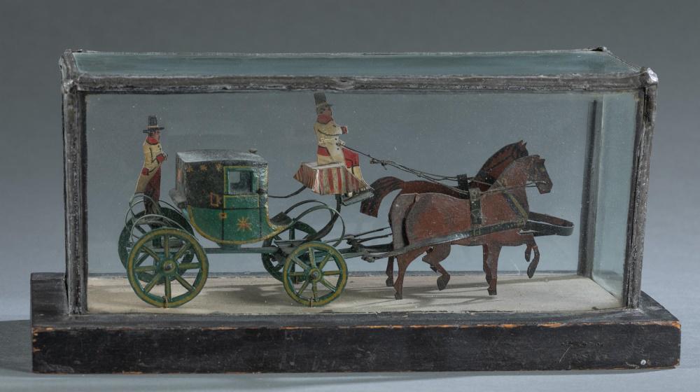 Antique paper post-chaise carriage model.: An antique hand painted paper post-chaise carriage model in glass case. 5" x 10 1/4" x 4" Condition: Observed inside glass case. Both figures appear to have broken hands. One leg on the right horse is