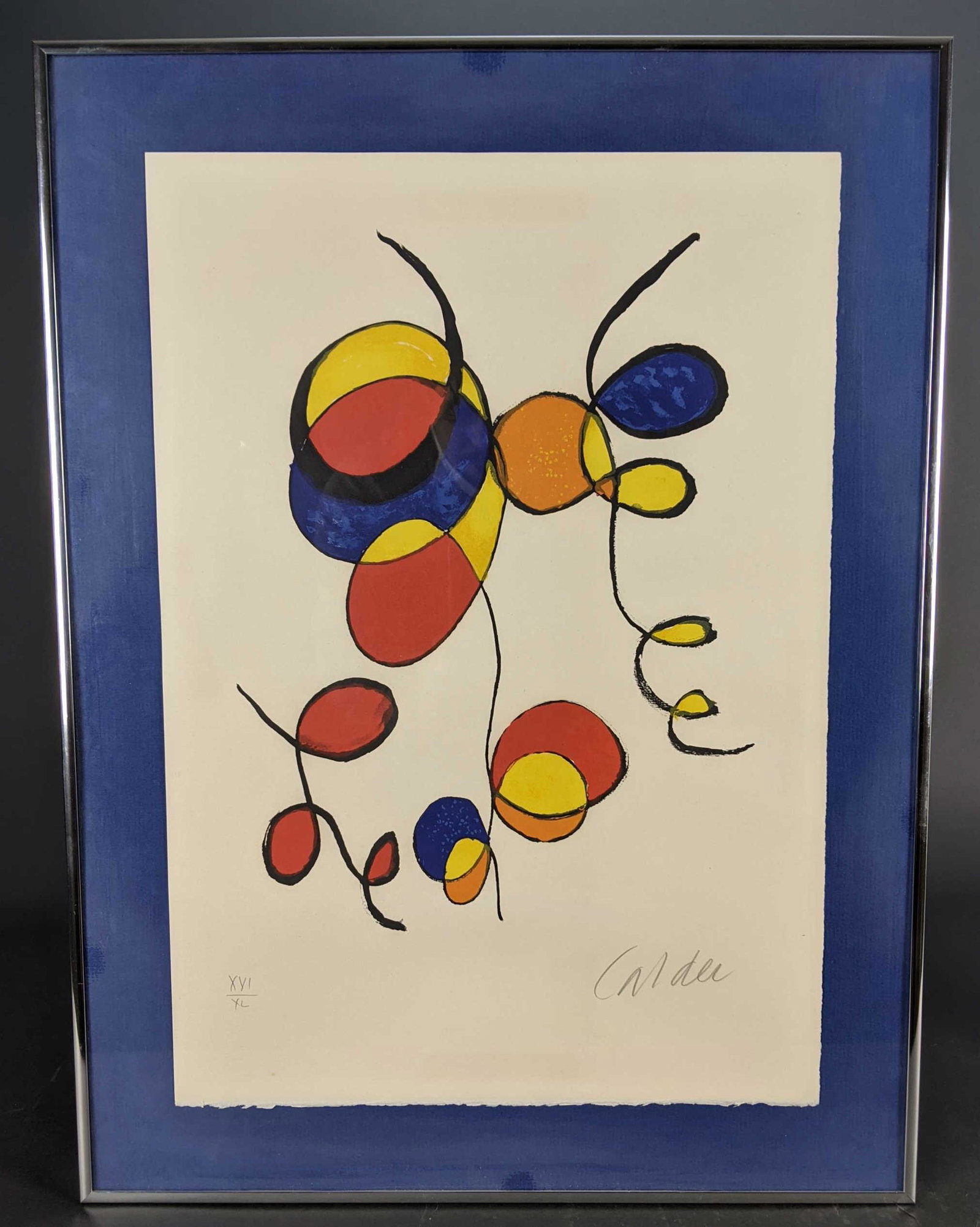 Calder. Lithograph. Ballons Et Cerfs Volants. Sgd.: Calder, Alexander (American, 1898-1976). "Ballons Et Cerfs Volants". c.1970. Lithograph in colors. Edition XVI of XL. Edition and signed in pencil l.l, l.r. Image: 14" x 19 3/4". Framed: 18 1/4" x 24 