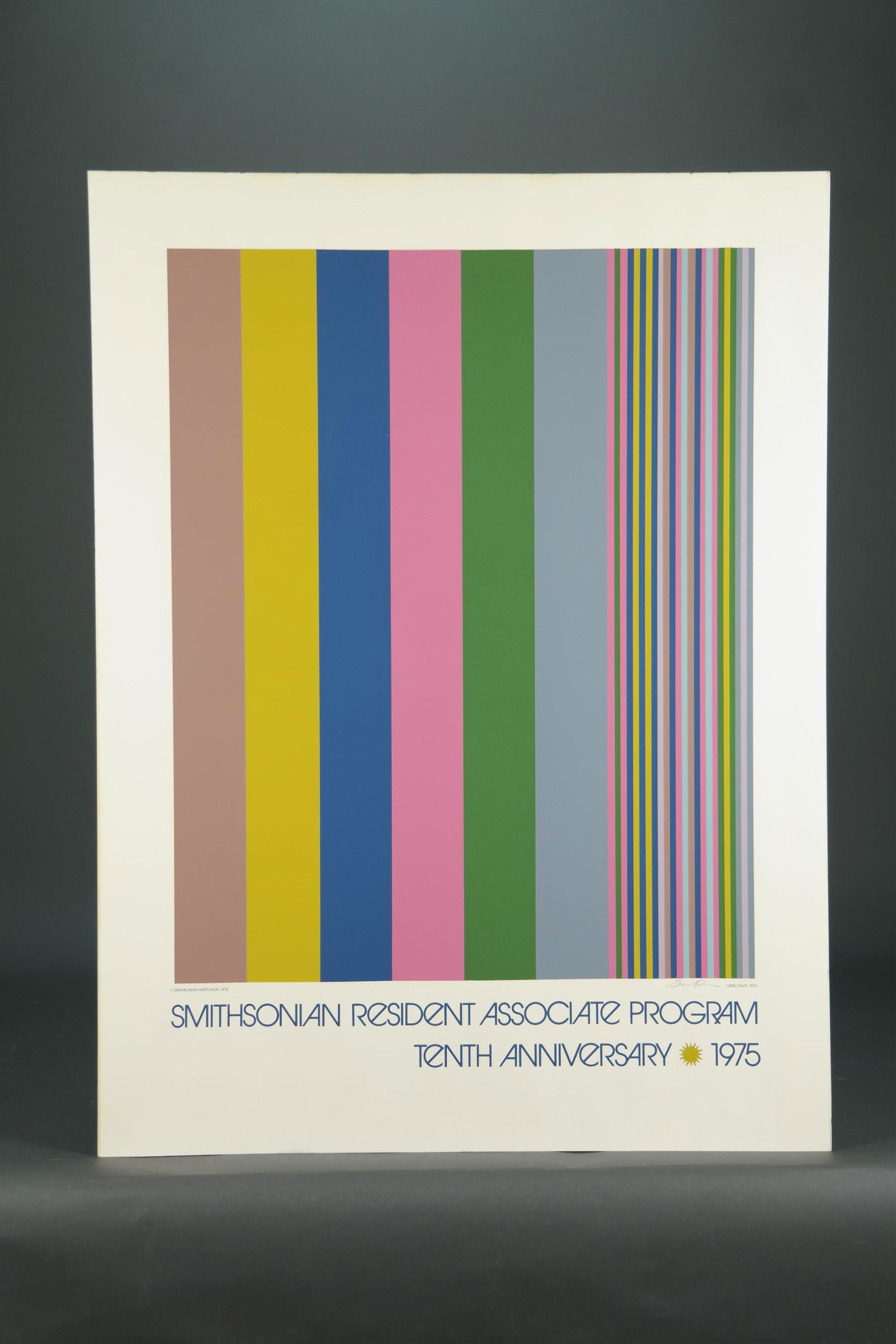 Gene Davis. Smithsonian...10th Anniversary. 1975.: Davis, Gene (American, 1920-1985). "Smithsonian Resident Associate Program Tenth Anniversary". 1975. Color screen print poster. Edition of 200. Signed in pencil l.r. Sheet: 24" x 32". Condition Very g