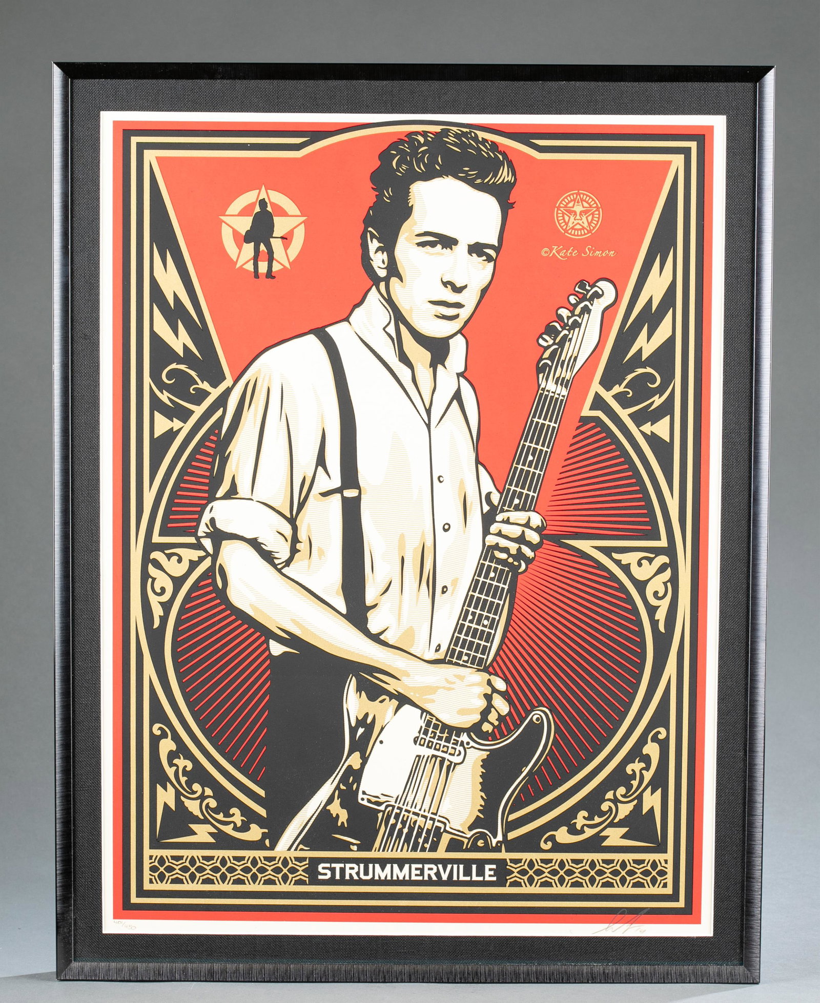 Shepard Fairey. Screen Print. Strummerville. 2014.: Fairey, Shepard (American, b. 1970). "Strummerville". Screen Print. Edition of 450. Signed by Fairey. Published April 15, 2014. Sheet: 18" x 24". Framed: 21" x 27". Condition Under glass, not examined