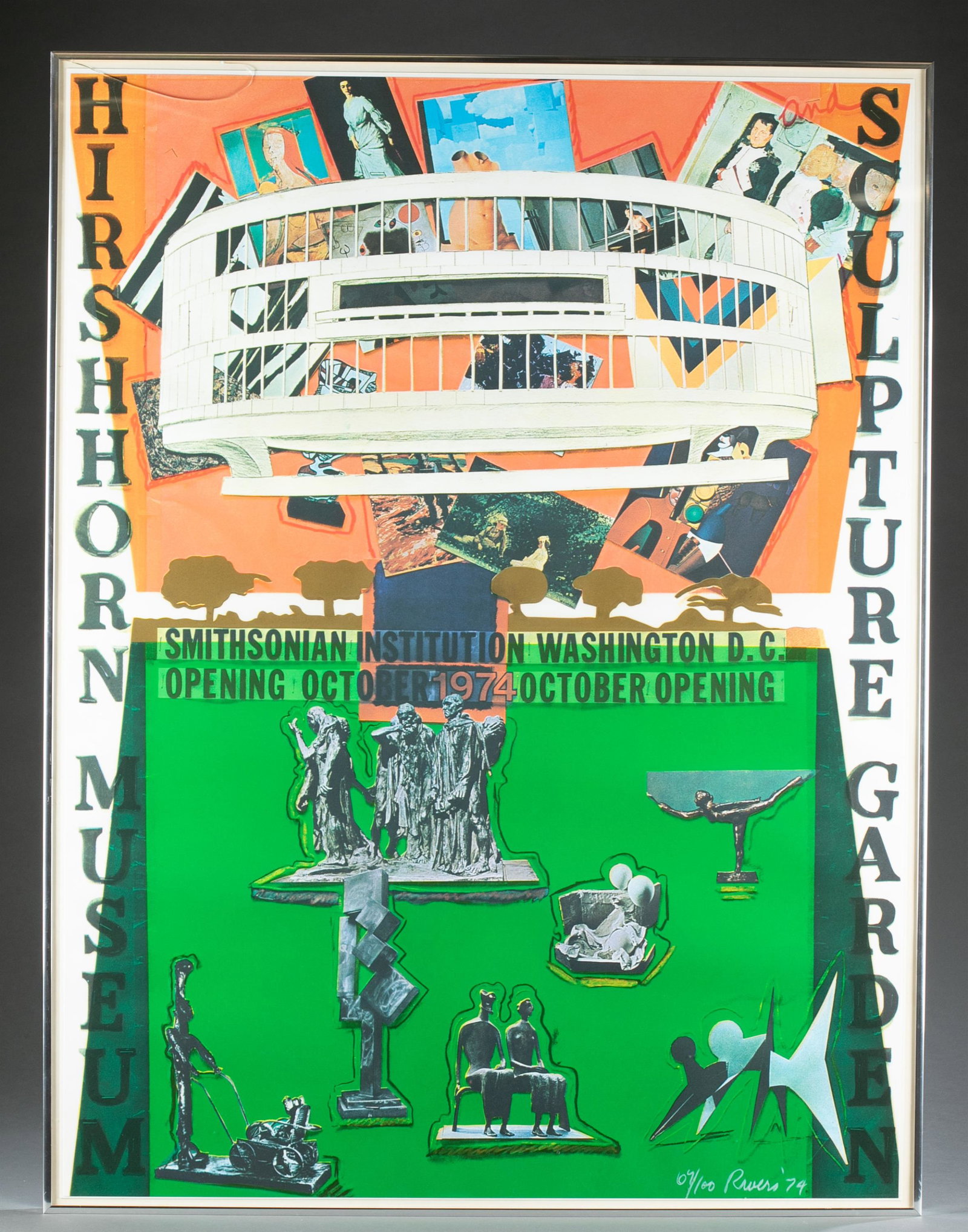 Rivers. Hirshhorn Museum Sculpture Garden. 1974.: Rivers, Larry (American, 1923-2002). "Hirshhorn Museum Sculpture Garden". 1974. Offset color lithograph poster. Edition 64 of 100. Editioned, signed and dated in white crayon in l.r. Sheet: 30" x 39 1
