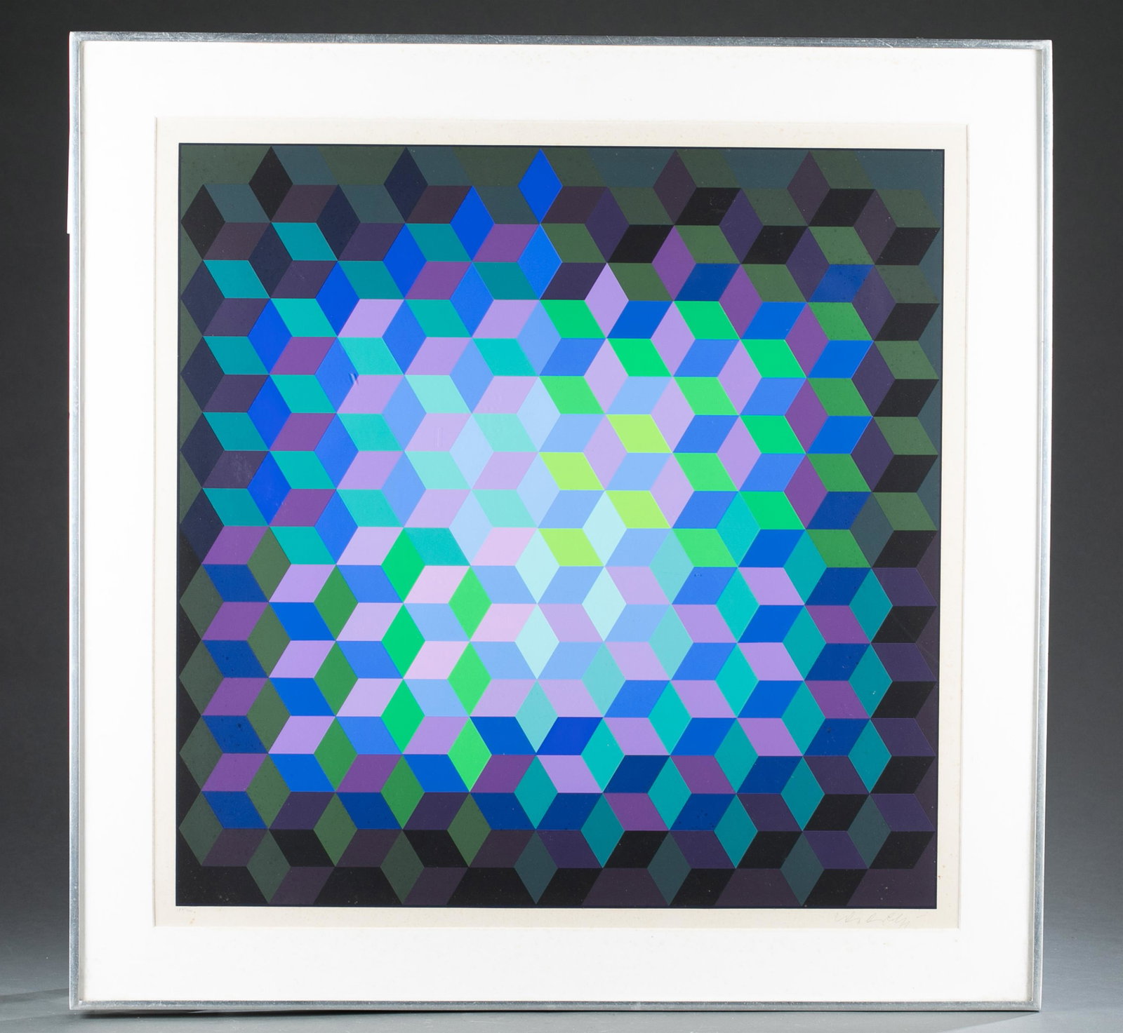 Victor Vasarely, "Homage to the Hexagon," 1969.: Vasarely, Victor (French/Hungarian, 1906-1997). "Homage to the Hexagon". 1969. Edition 184 of 200. Serigraph. Signed in pencil l.r. Edition l.l. 25" x 25". Frame: 30 3/8" x 30 3/8". Condition: Under g