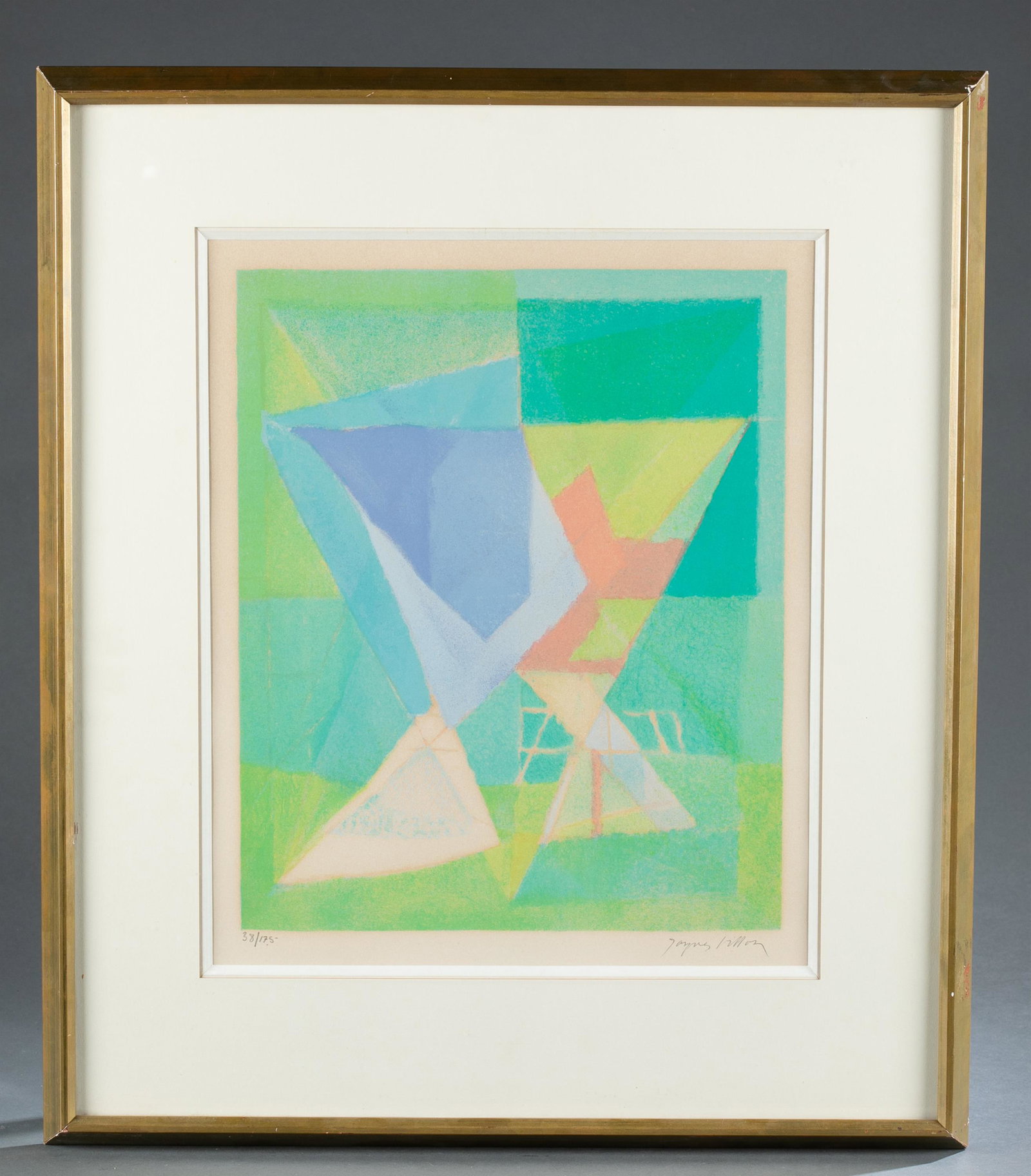 Jacques Villon. Lithograph. Untitled Abstract.: Villon, Jacques (French, 1975-1963). Untitled. Lithograph in color. Edition 38 of 175. Editioned and signed in pencil in l.l., l.r. Image: 11 1/2" x 14 1/4". Framed: 20 1/4" x 23 1/2". Condition: Unde