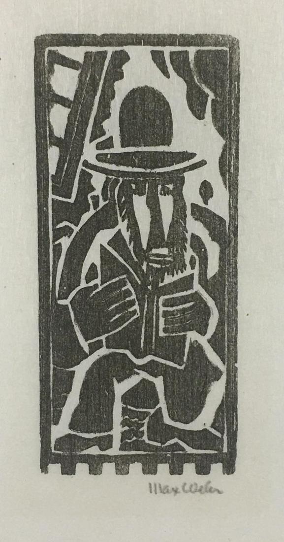 Max Weber. Woodcut. Rabbi Reading. c. 1919.: Weber, Max (American, 1881-1961). "Rabbi Reading". c.1919. Woodcut on Japan paper. Signed in pencil l.r. Image: Sheet: 10 1/4" x 6 1/2". Condition Very good impression. Top edge mounted. Lower right c