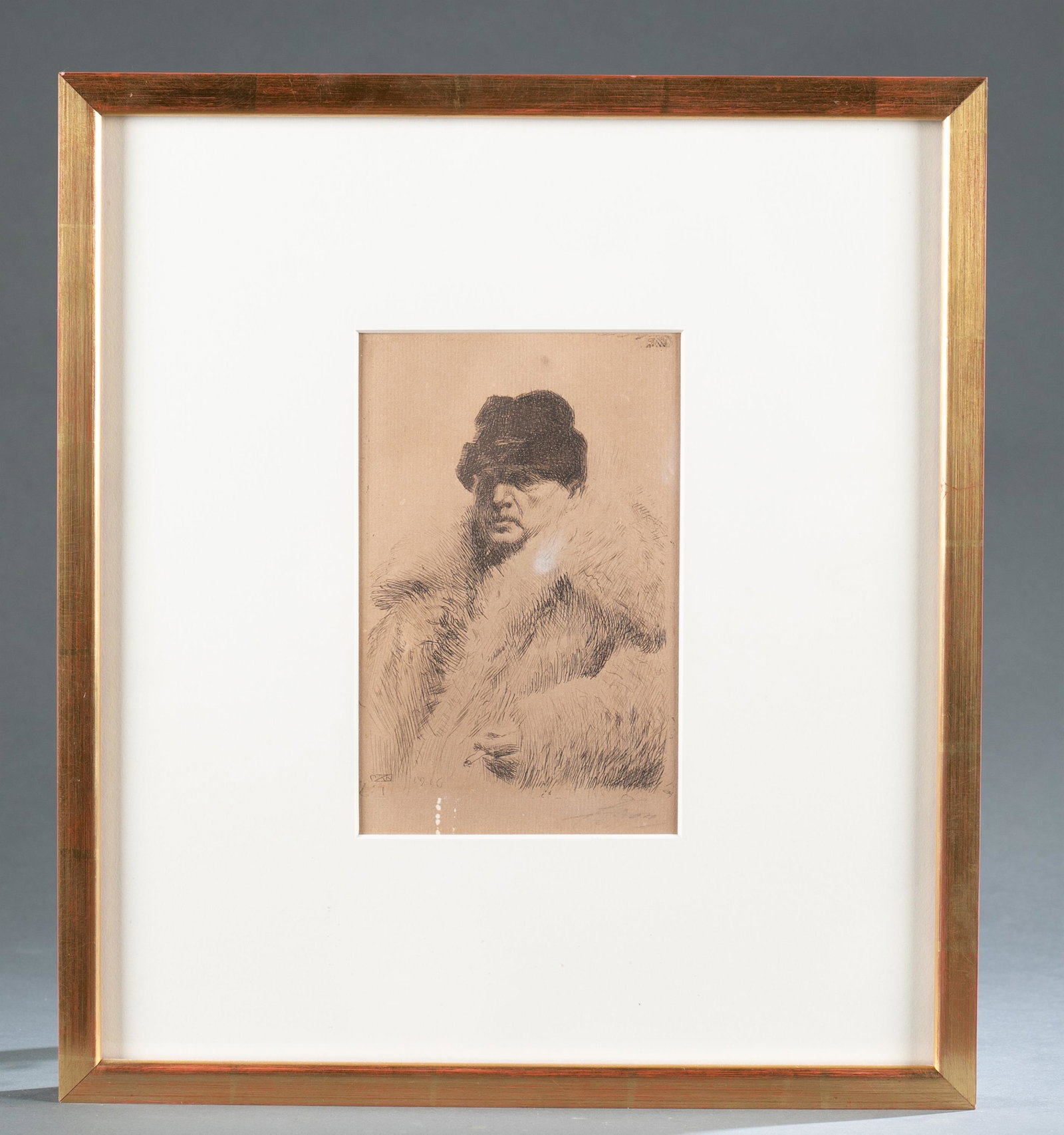 Zorn. Etching. Self Portrait. 1916.: Zorn, Anders (Swedish, 1860-1920). "Self-Portrait in a Fur Coat". Etching. 1916. Signed and dated in plate l.l. Signed in pencil in l.r. Image: 4 3/4" x 7". Framed: 13 3/4" x 15 1/2". Condition: Very 