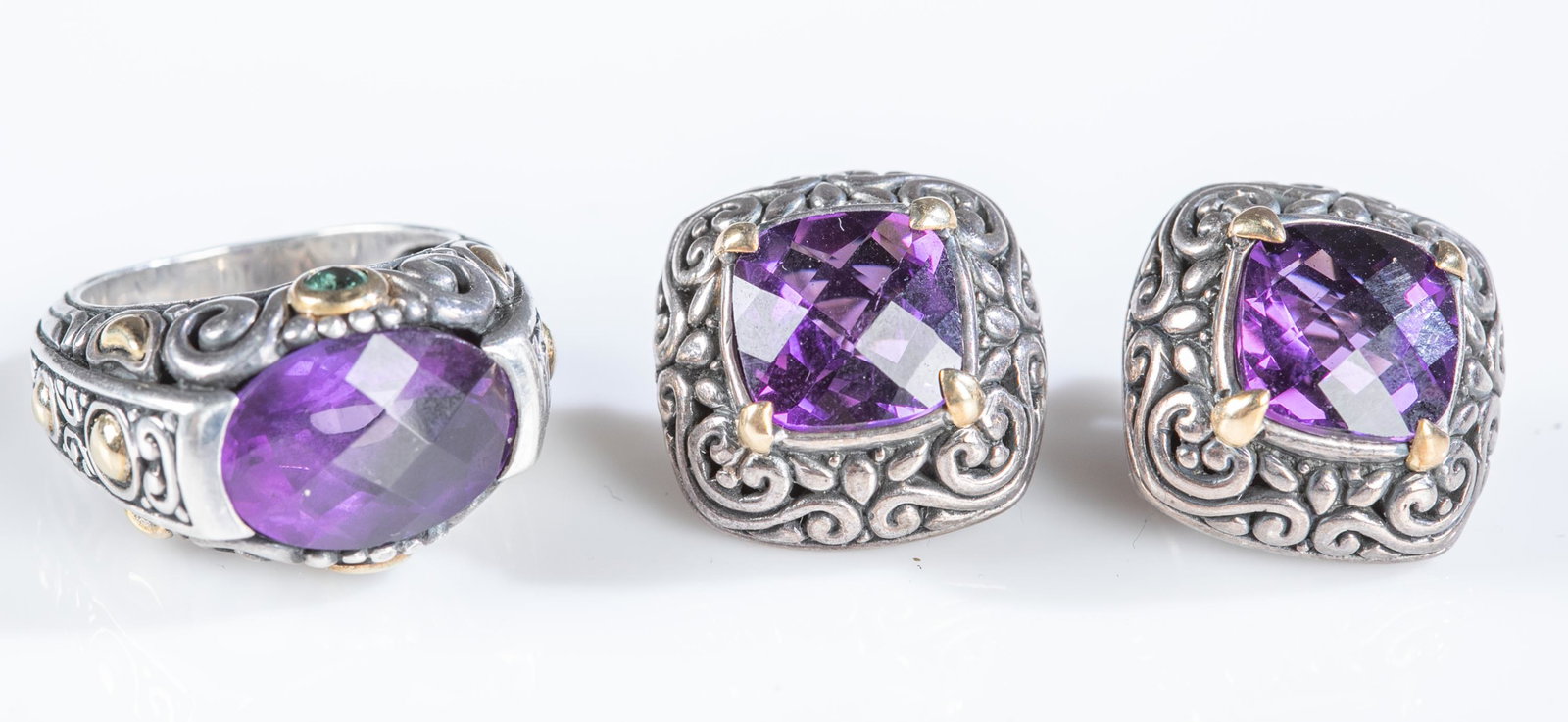 Pair of BJC amethyst earrings & ring.: A pair of Samuel Benham BJC amethyst and 18k gold on sterling silver earrings & ring. Stamped "925 BJC 18k" inside band and on earring backs. ++Ring with oval amethyst and scrolling design. Size 6. Ap