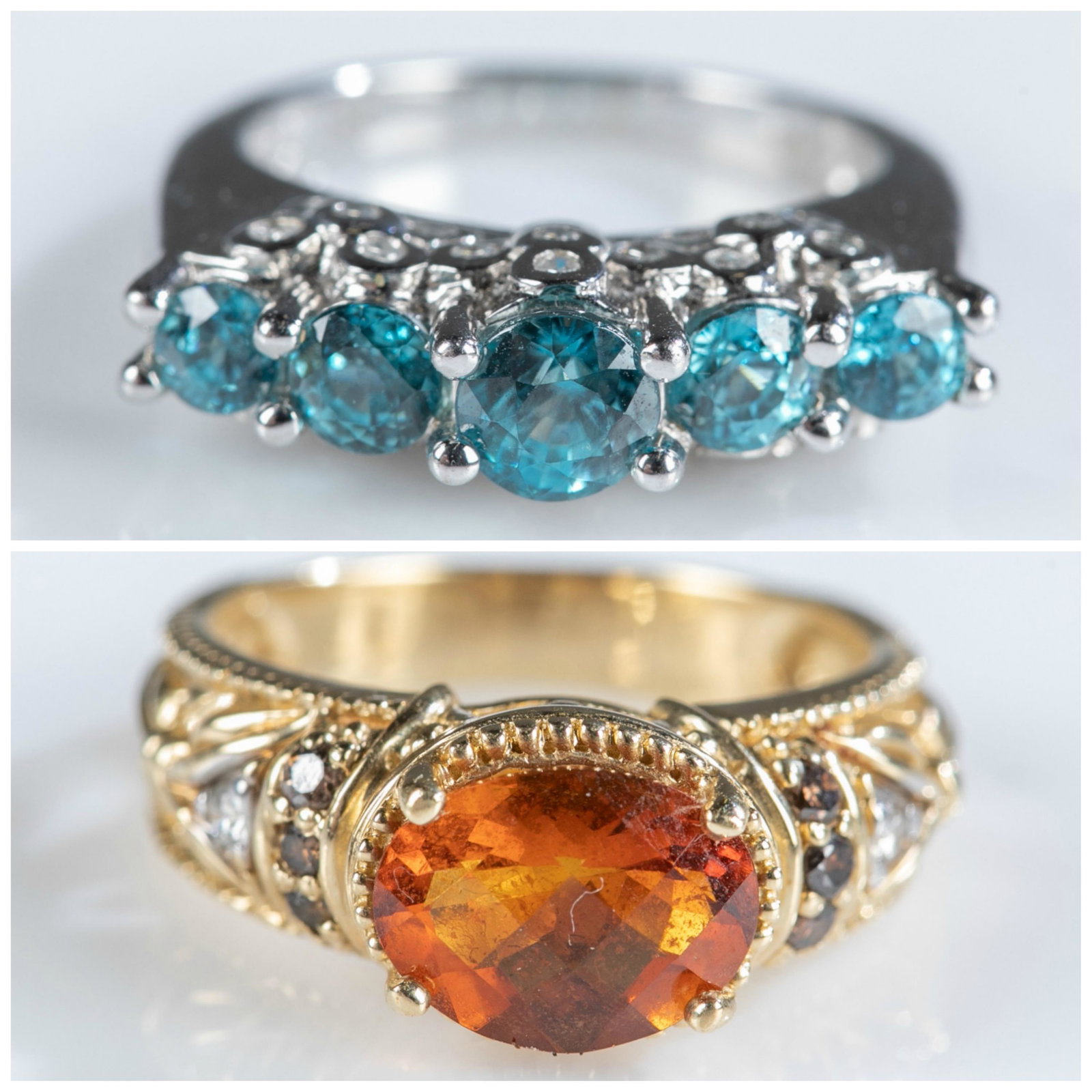 2 14k Gold blue zircon and citrine rings.: A group of two 14k gold rings with diamonds. ++ White gold ring with a row of five round blue zircon and small diamonds in the undercarriage. Stamped "14k SR" inside band. Size 5. Approximately 6.0g. 