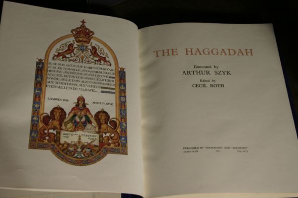 The Haggadah. Executed by Arthur Szyk: [Haggadah]. The Haggadah. Executed by Arthur Szyk. Edited by Cecil Roth. Jerusalem & Tel Aviv: "Massadah" and "Alumoth," 1957. 4to. Full blue velvet, with gilt lettering and decorations on spine and e