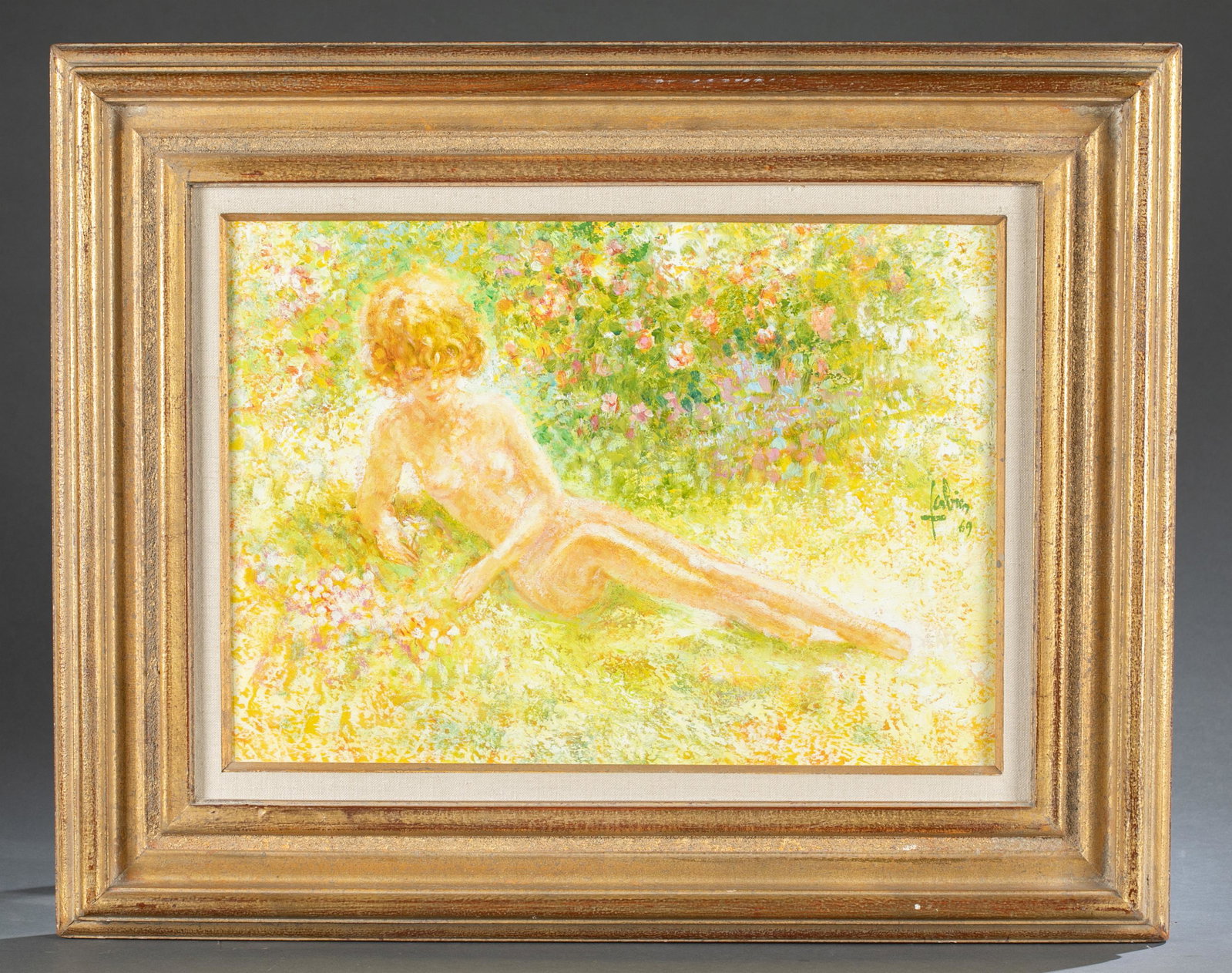 Louis Fabien, Reclining Nude, 1969, O/C.: Fabien, Louis (French, b.1924). "Nu aux Ã©glantines. Nude with Wild Roses)." 1969. Oil on canvas. Signed and dated c.r. Titled, signed, and dated on verso. 14" x 19 1/4". Frame:20 1/2" x 25 3/4".Pro