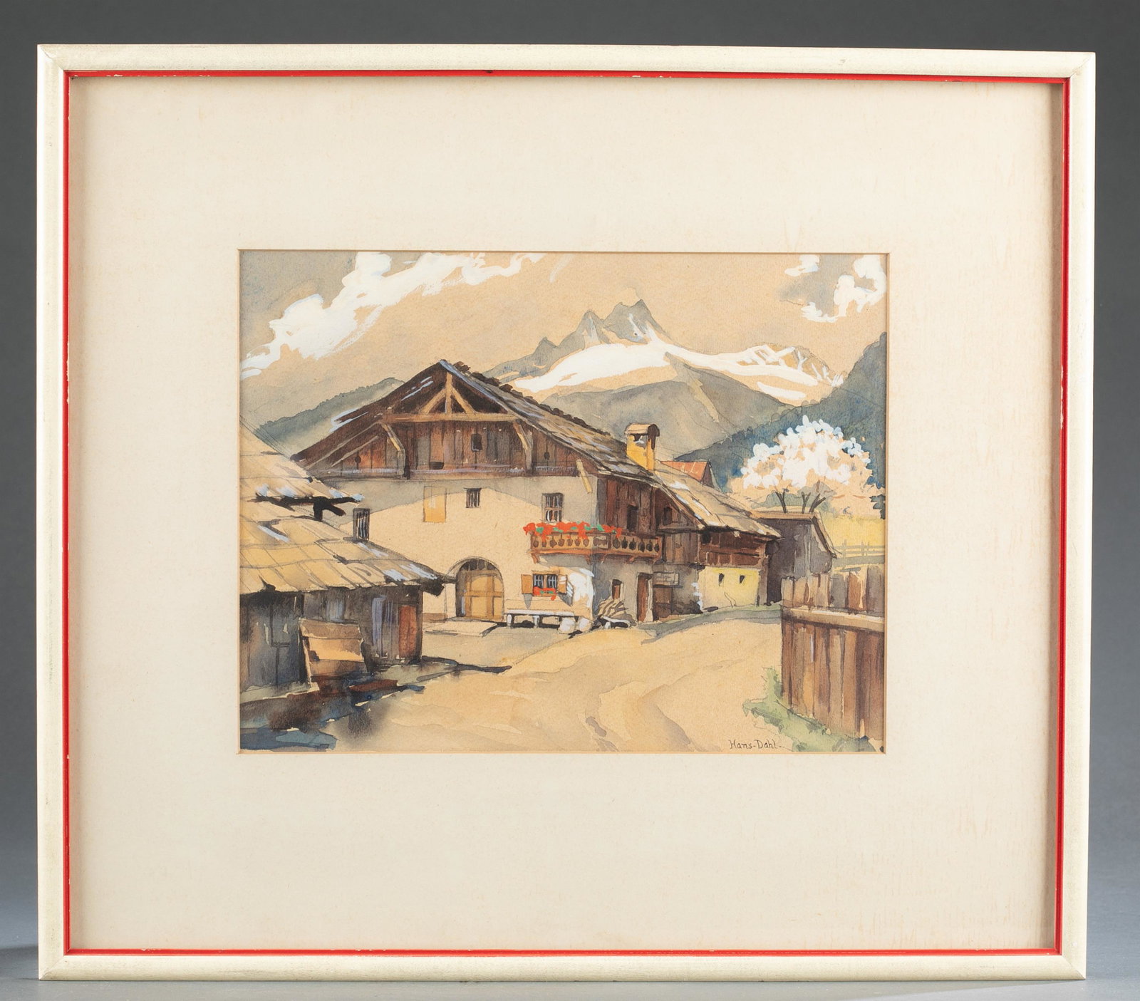 Hans Dahl, Norwegian Village, 19th/ 20th.: Dahl, Hans (Norwegian, 1849-1937). Norwegian house flanked by snowy mountains. Late 19th/ early 20th century. Watercolor on paper. Signed l.r. Sight: 8 1/4" x 10 3/4". Frame: 15 3/4" x 17 3/4". Condit