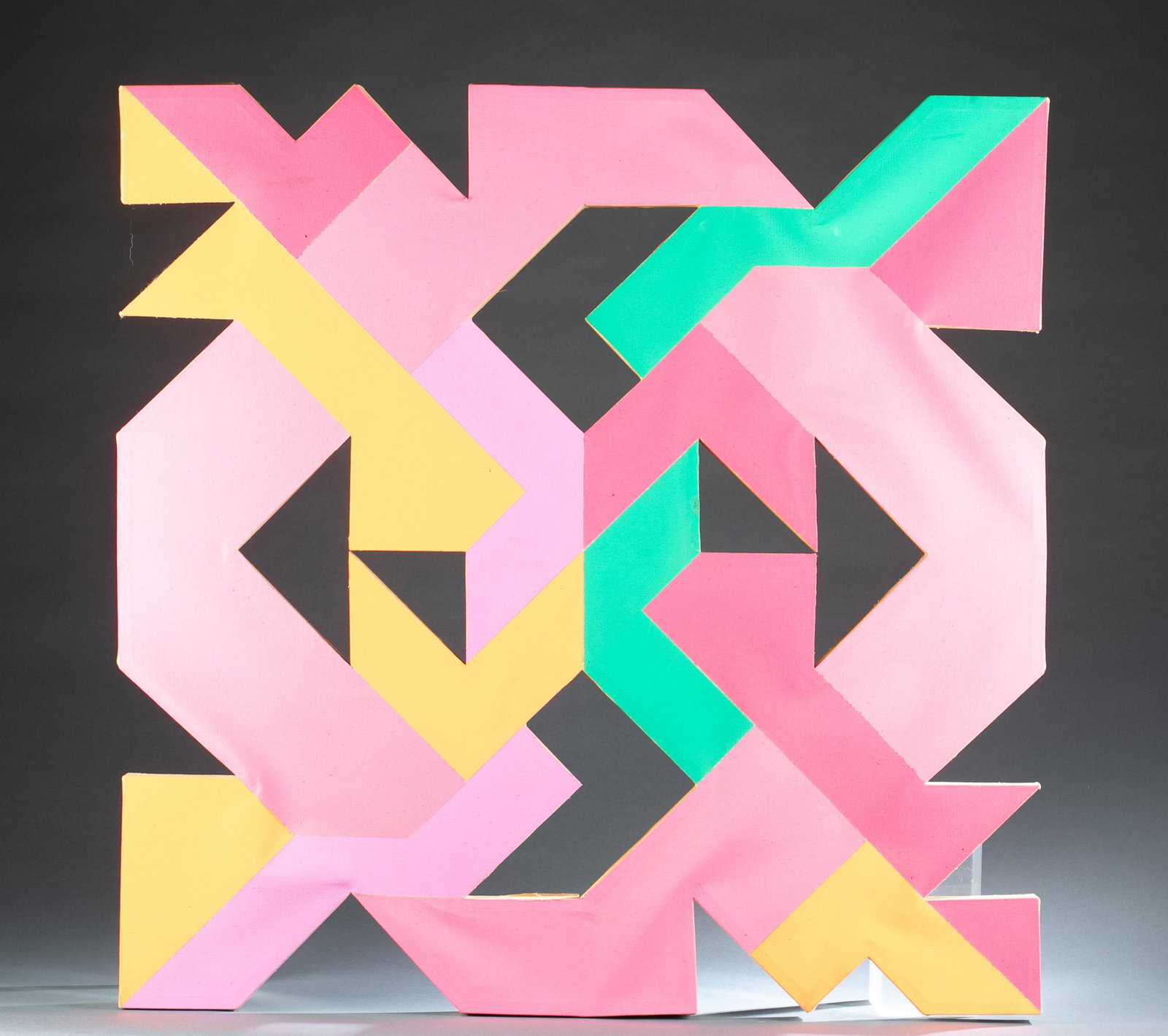 Sidney T. Guberman, Denworth II, 1969: Guberman, Sidney T. (American, b. 1936). "Denworth II." Modern geometric painting with bright colors of pink, purple, orange, and green. 1969. Acrylic on canvas. Titled and signed Sidney T. Guberman o