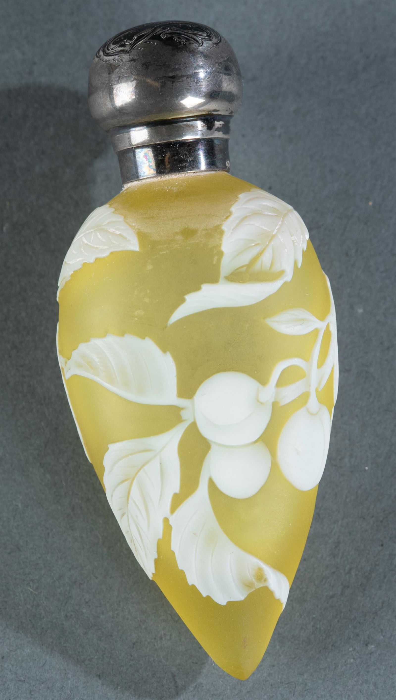 Thomas Webb cameo glass perfume bottle.: A Thomas Webb cameo glass perfume bottle with peach tree and butterfly design and an English sterling lid, circa 1884. Lid monogrammed R.C.S. manufactured by Cornelius Desormeaux Saunders & James Fran