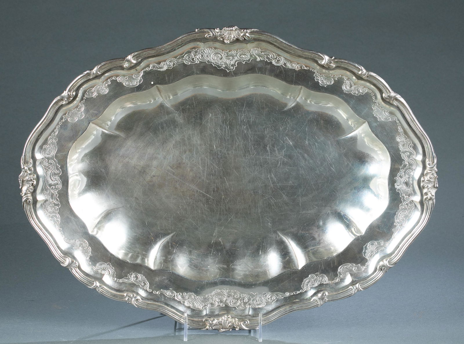 Danish Rococo Revival silver platter, 19th c.: A Rococo Revival Anton Michelsen, Denmark .826 silver standard platter, circa 1888. Stamped on bottom with Three Tower Mark guarantee, assayer mark for Simon Groth, 1888 date stamp, and A. Michelsen c