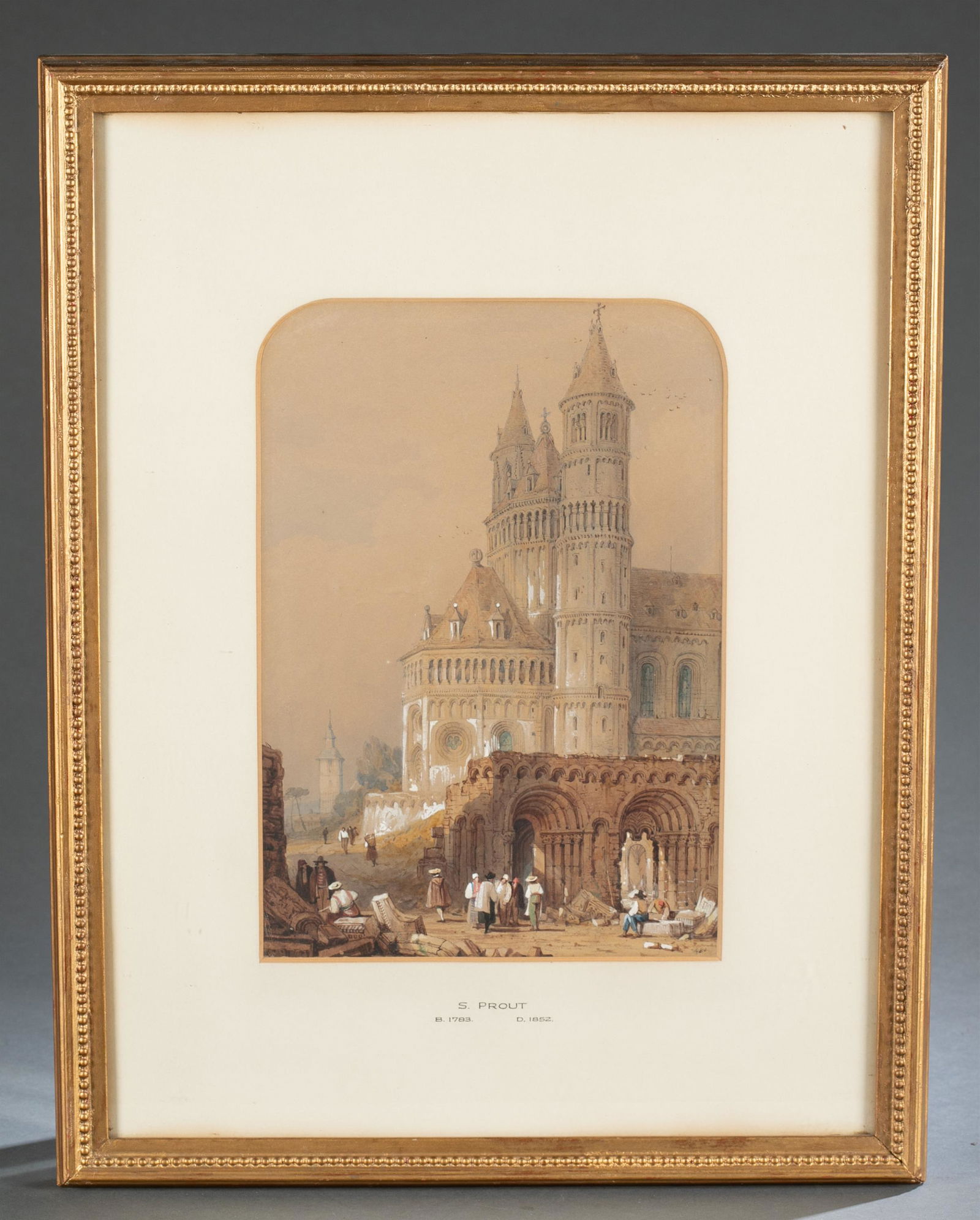 Samuel Prout, Church, 19th c., Watercolor: Samuel Prout (British, 1783-1852). View of a Romanesque Church. 19th century. Watercolor on paper. Info on artist on verso. 21 in x 16 1/4 in. Provenance: From the estate of a private collector, Potom