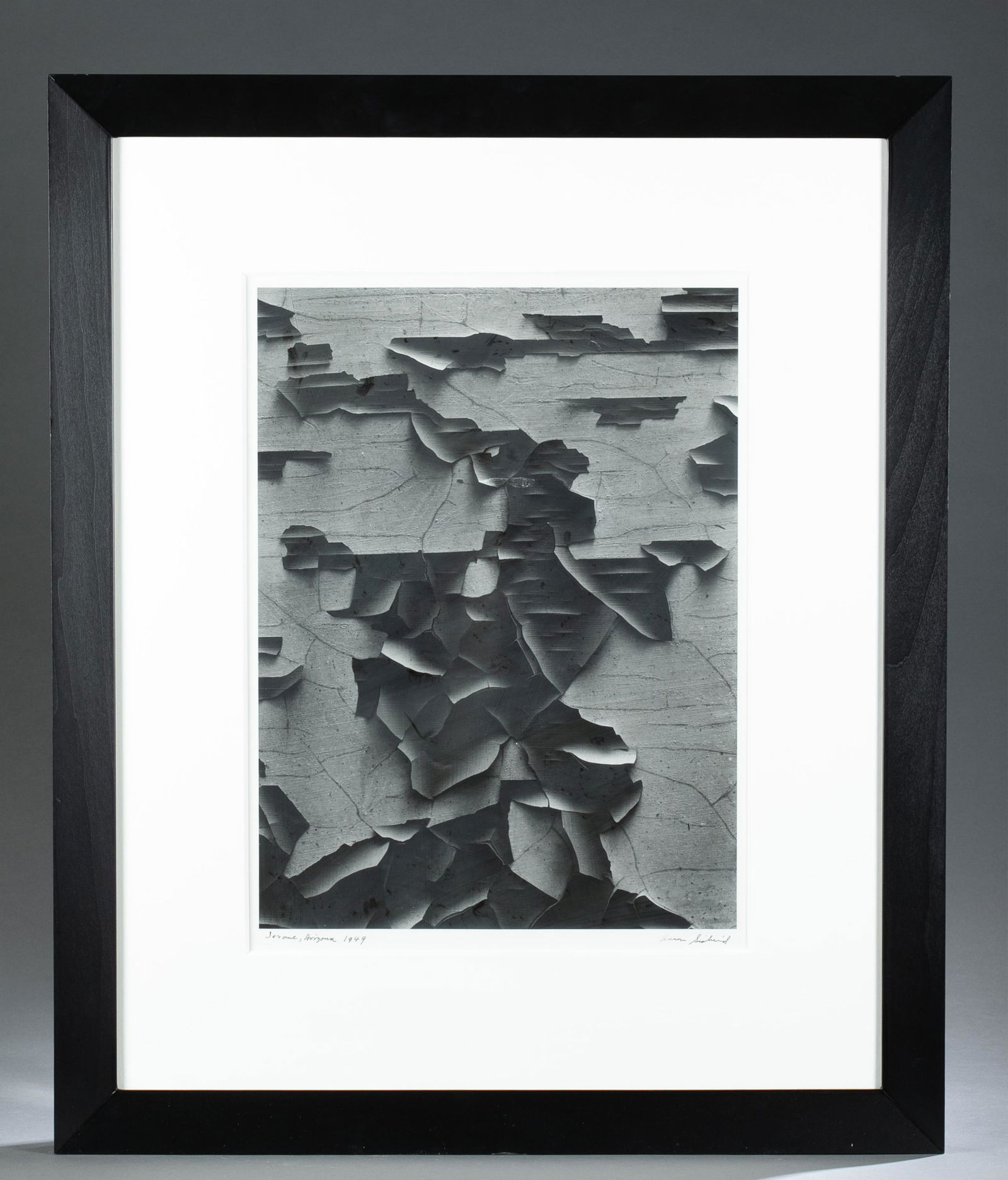 Siskind. Silver Print. Jerome, Arizona 1949.: Siskind, Aaron (American, 1903-1991). "Jerome, Arizona 1949". 1949. Gelatin Silver Print. Previously conserved. Signed in ink l.r. Titled, dated in ink l.l. Image: 13.25" x 17.5". Image: 14" x 19". Fr