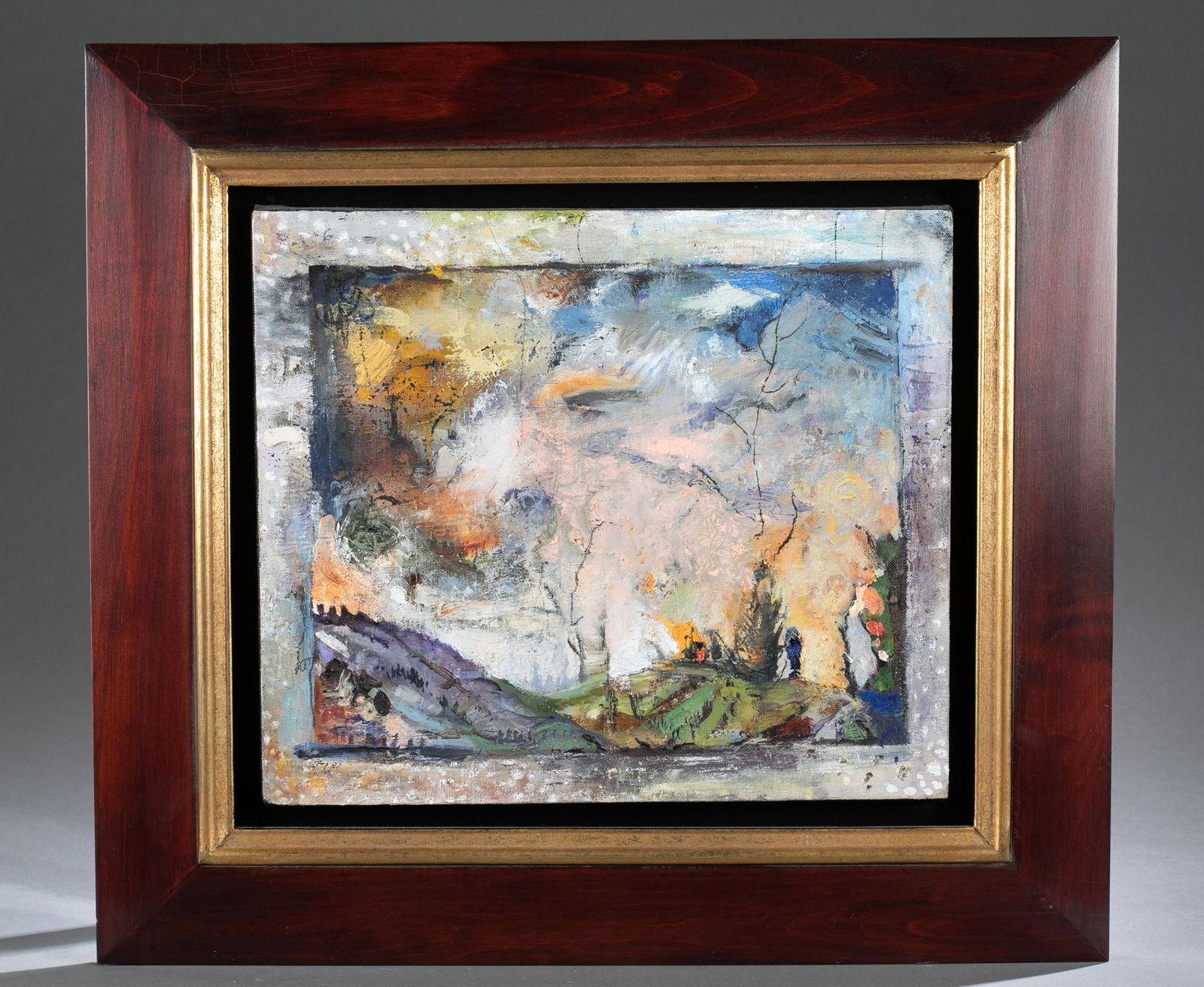 Josh Dorman. O/c. Land with Border. 2001.: Dorman, Josh (American, b.1966). "Land with Border". 2001. Oil on Canvas. Image: 12" x 14". Framed: 21" x 19". Net proceeds from this sale with be divided equally between the National Brain Tumor Soci