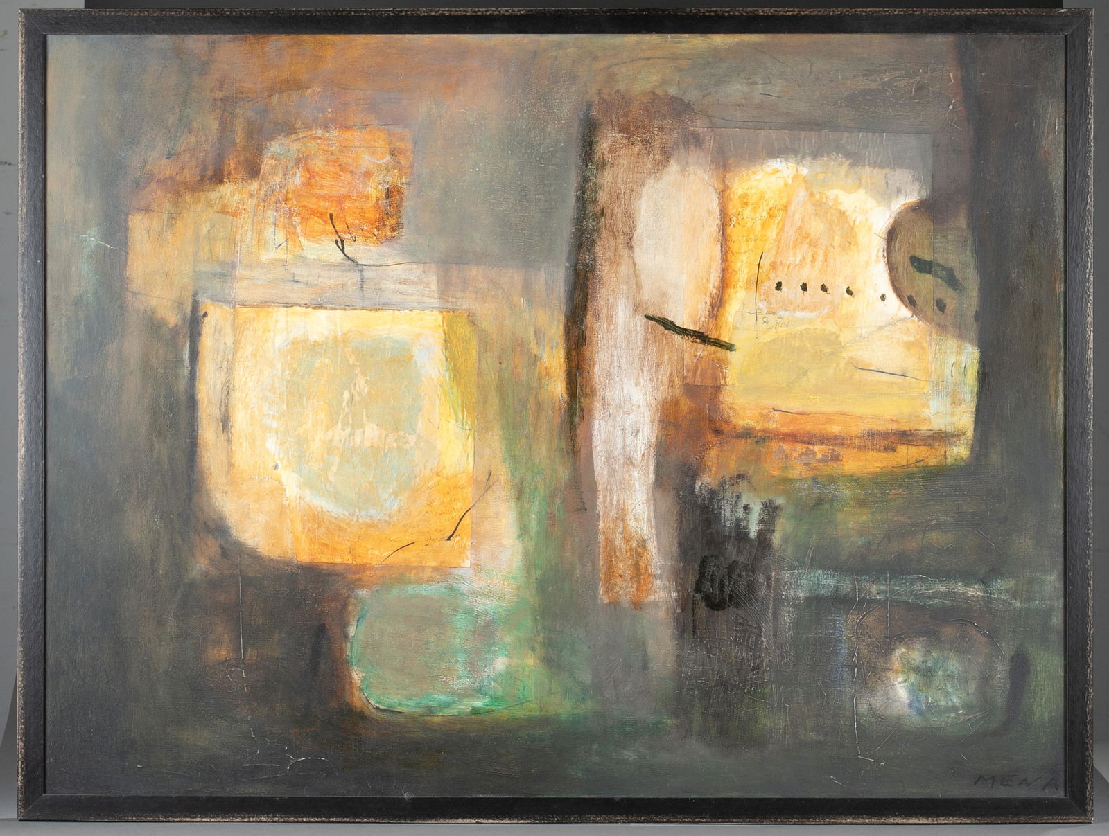 Rigoberto Mena. O/c. Unknown. 2004.: Mena Santana, Rigoberto (Cuba, b.1961). "Unknown - Yellow/Green". 2004. Oil/Acrylic on Canvas. Signature l.r. Image: 34.5" x 47". Framed: 49" x 37". Net proceeds from this sale with be divided equally