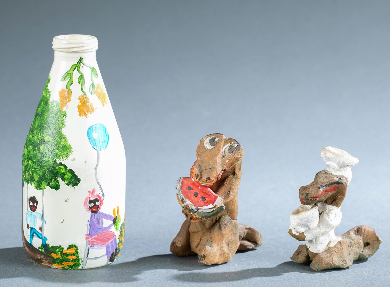 2 Clay figures & May Kulger painted bottle. (1 of 13)