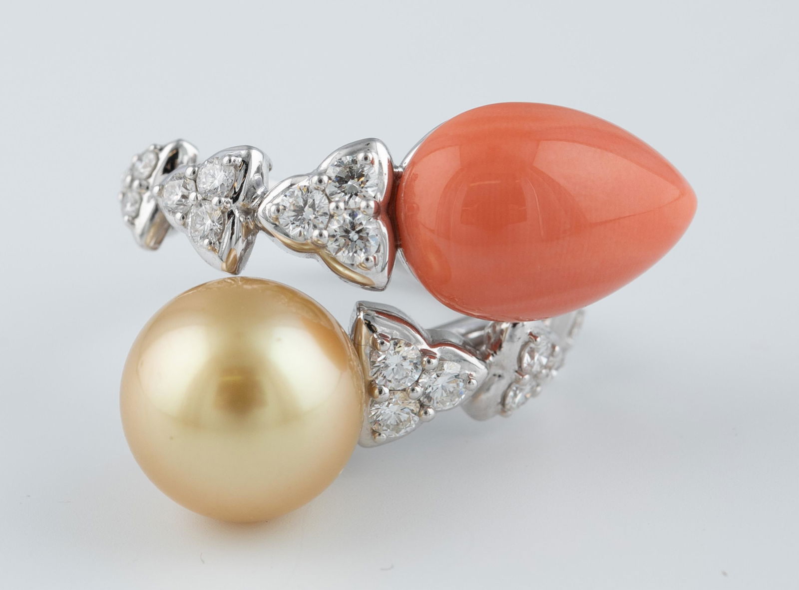 Picchiotti 18k diamond, coral, and pearl ring. (1 of 4)