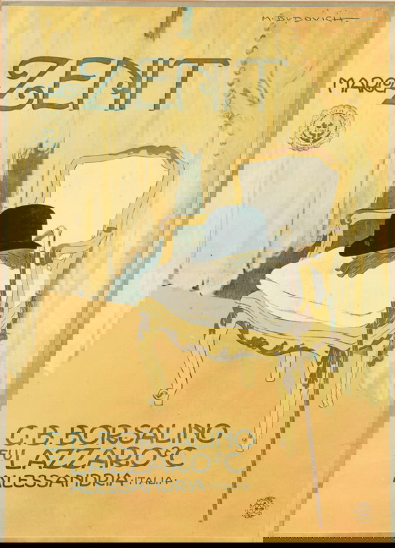 [Poster]. Dudovich, M. Marca Zenit G.B. Borsalino: [Poster]. Dudovich, M. Marca Zenit G.B. Borsalino Fu Lazzaro & C Allesandria Italia. Offset color lithograph advertising for Borsalino hats. Sight size 14 1/2 x 17 1/2 in. Matted and framed. Sight con