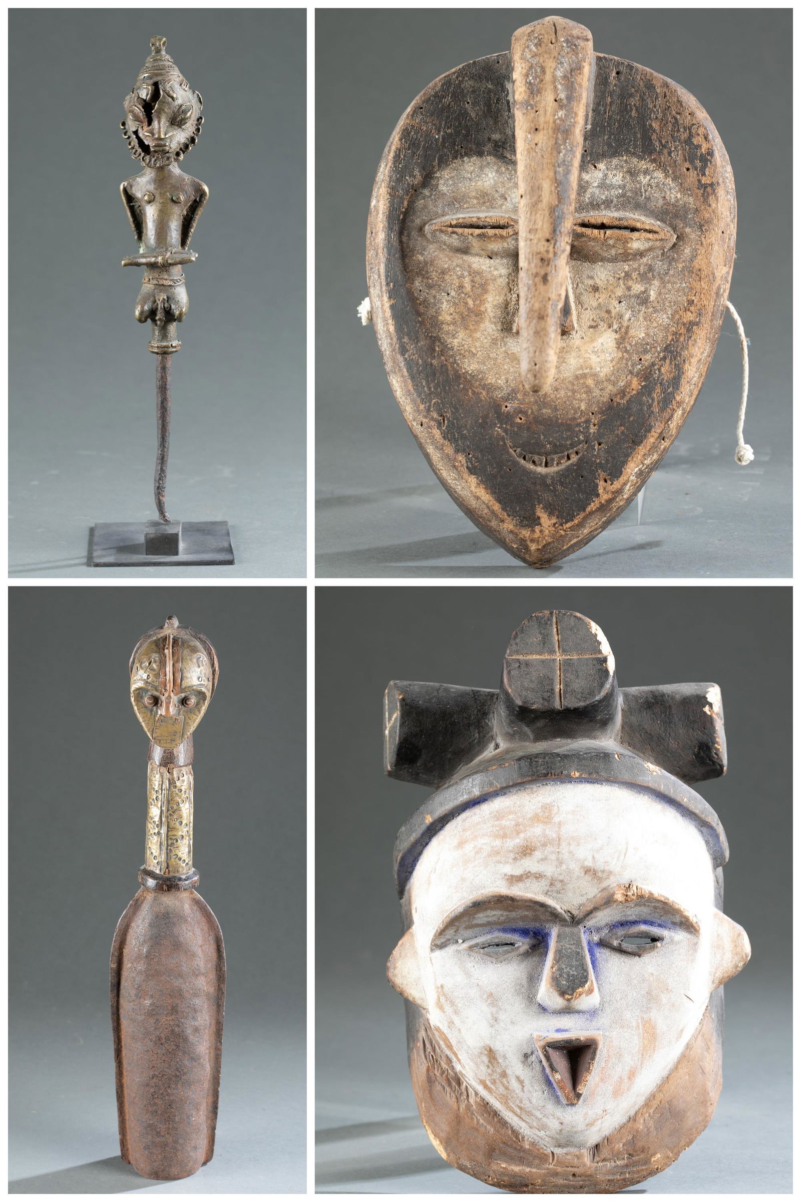 4 Gabon Style Objects.: A group of Four Gabon Style Objects. Wood. Gabon. ++ Kwele Style Mask. Pigment. 7" x 10 1/2". ++ Kota Style Mask. Metal. 4 1/2" x 20 1/4". ++ Ogboni Style Figure. Brass, iron. 1 7/8" x 10 1/2". With s