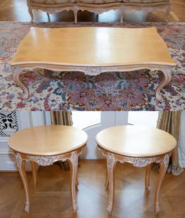 3 Contemporary French Provincial tables.: A group of two contemporary French Provincial occasional tables and a coffee table. ++ Occasional table 24 1/4" x 25 1/2". ++ Coffee table 18 1/4" x 26 1/2" x 52".