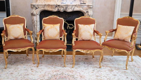 4 Italian fauteuil chairs.: A group of four Italian Angelo Cappellini fauteuil chairs. Imported by David Michael model AC-2329-P. Carved European Beechwood with striped red and gold upholstery. 39 1/2" x 24 1/2" x 20".