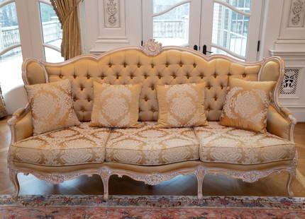Italian French Provincial settee.: An Italian French Provincial settee. Imported by David Michael model GL-2303-B-D-3. Carved European Beechwood on cabriole legs. Light pink upholstery with foliate and floral pattern. 46 1/2" x 88" x