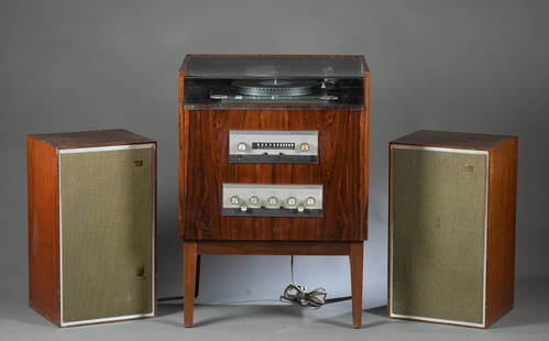 Modern design Garrad 401 cabinet set: Custom modern design rosewood cabinet set, circa 1960-70s. Garrard 401 turntable, Leak FM Tuner, and Leak Stereo 30 receiver. A pair of Wharfedale Ltd. Model W2 Dovedale speakers. Stereo cabinet 34"