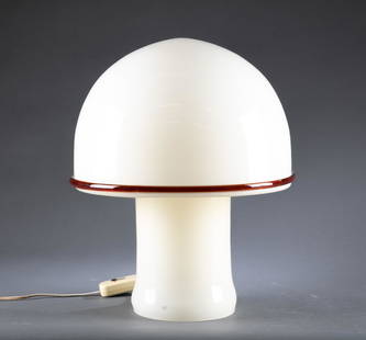 De Majo Murano glass mushroom lamp.: Federico De Majo Murano glass mushroom lamp. Retailed by Vetri D Murano. White opaque glass with burgundy glass bead. De Majo Murano and Vetri D Murano labels on side. 18" x 15".Condition: Lamp