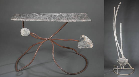 2 Phill Evans stone and steel sculptures.: A group of two Phill Evans (California, 20th Century) stone and steel sculptures. "Canyon Crest" bench with arching steel back and frame and stone seat. 87" x 21" x 26". "Meta Signal" table with