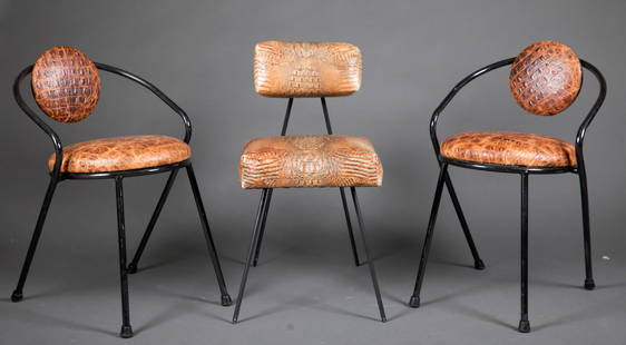3 Contemporary alligator leather chairs.: A group of three matching contemporary alligator leather chairs. Two chairs match. Metal stands with alligator leather seat and back. Pair 30" x 19" x 18" and single chair 30" x 15" x 20 1/2".