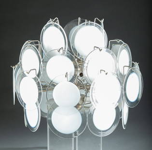 Vitosi Murano disk chandelier.: A Vitosi Murano six fixture chandelier with twenty-six six inch glass disks with opaque white centers. 14" x 18".Condition: Missing four disks.