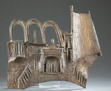 Morris Brose, "Roma IV", bronze.: Brose, Morris (Polish, 1914-2000) "Roma IV." 1961. Bronze sculpture. Inscribed with title, signature, and date l.r. 16" x 18" x 1".Condition: Some discoloration.