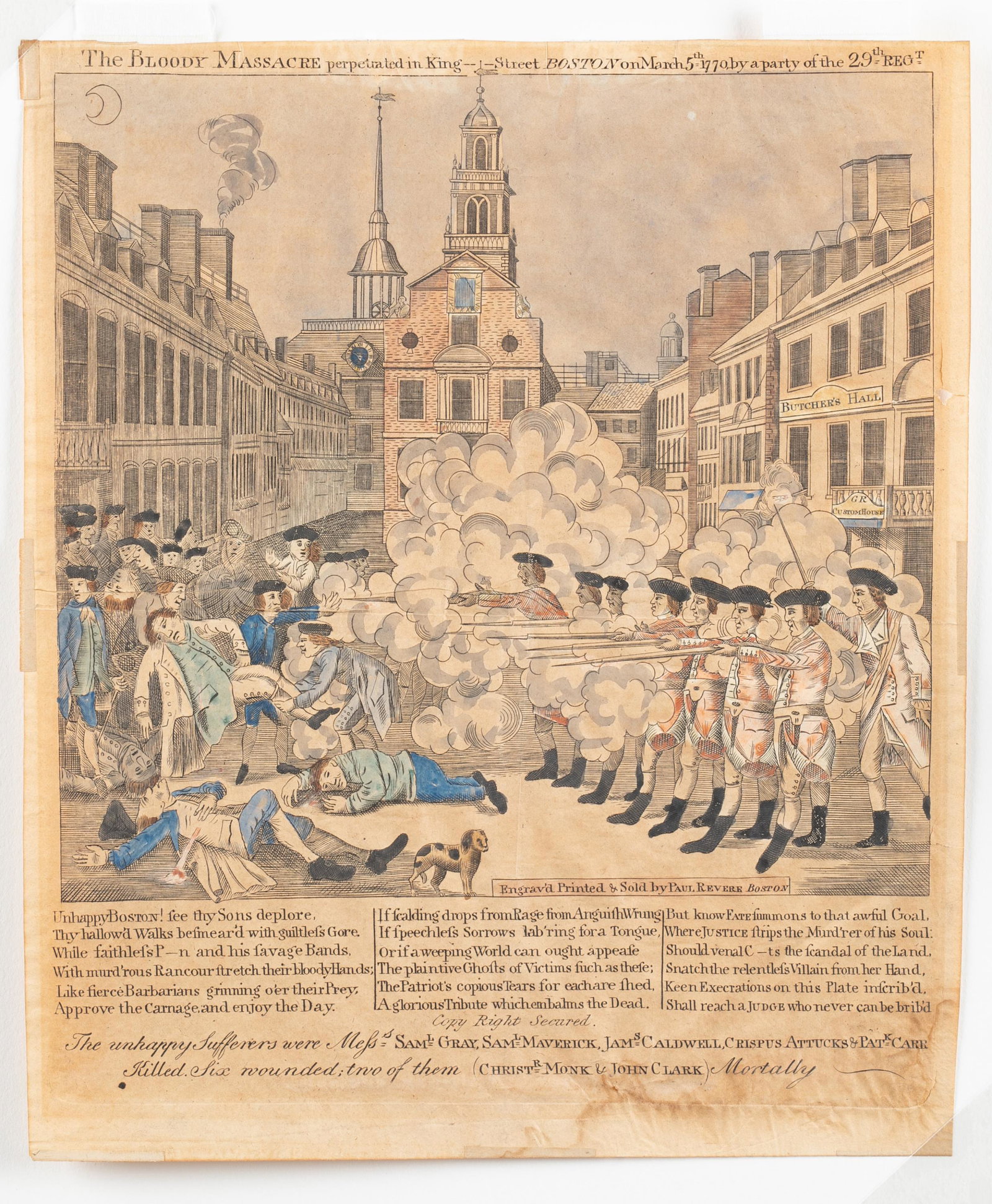 After Paul Revere. Engraving. Boston Massacre.: After Paul Revere (American, 1735-1810). "The Bloody Massacre perpetrated in King Street Boston on March 5th, 1770 by a party of the 29th REG'T." 1832. Hand colored pewter engraving on woven paper. En
