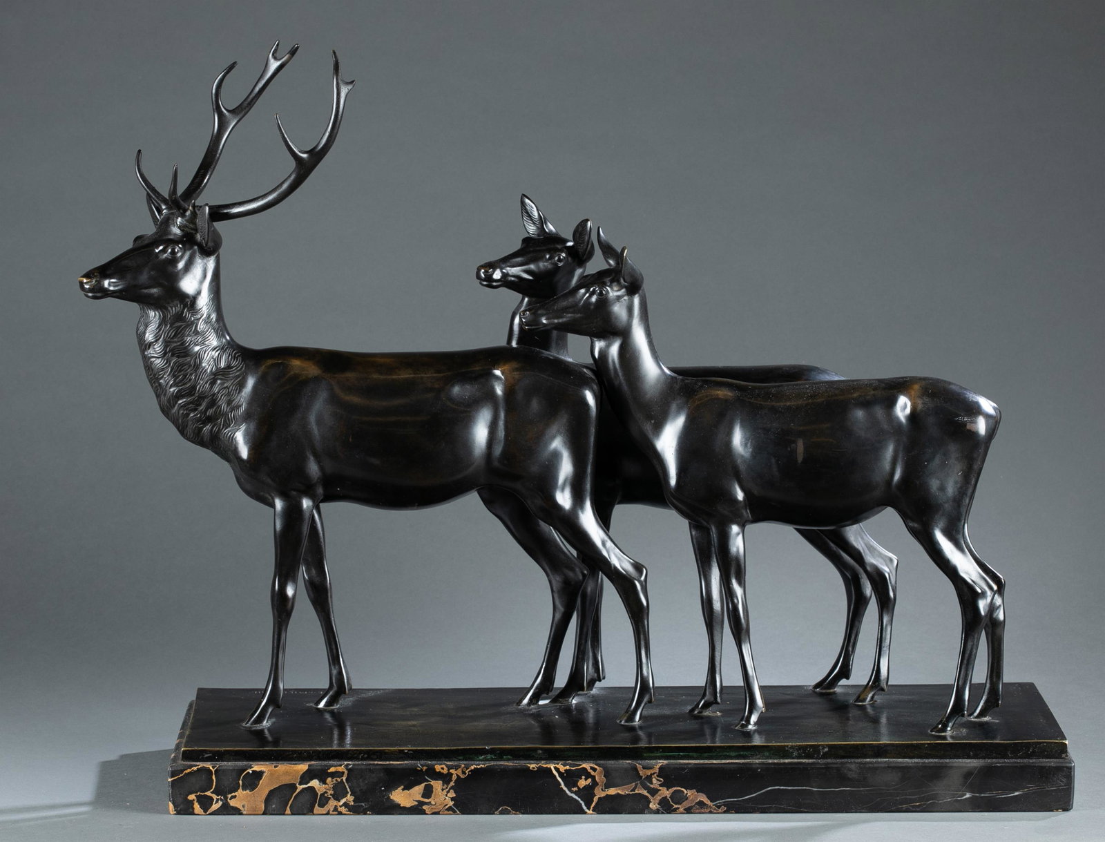 Heinrich Karl Scholz bronze.: Heinrich Karl Scholz (Austria, 1880-1937), "Hirsch mit zwei Ricken", bronze sculpture. Depicting a stag leading two does. Signed with his pseudonym on base: "Karl V. Mildenau/ Austria." 27 1/2" x 23"