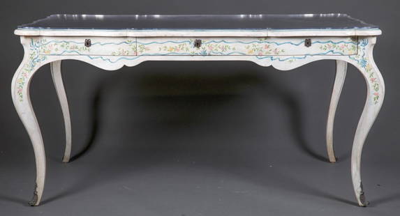 Designer French Provincial table.: Designer French Provincial table, 20th Century. Cream painted with hand painted floral design, black matte with glass cover, three drawers on one side, raised on cabriole legs. 30" x 59" x 52"