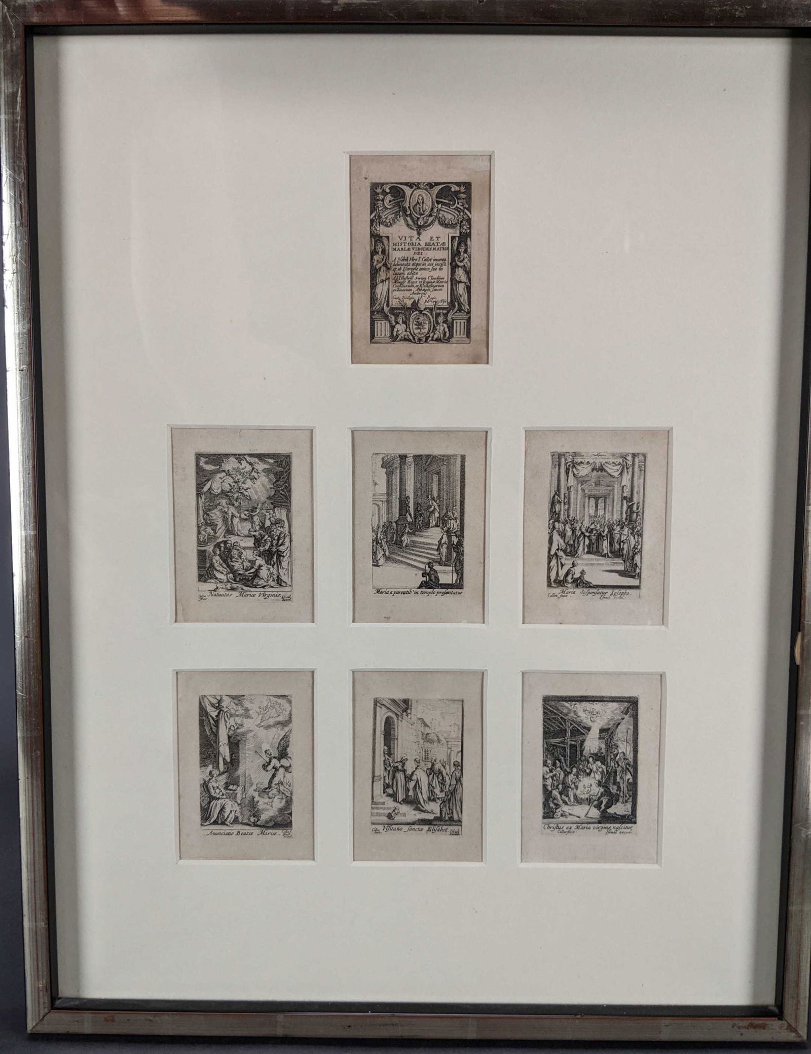 Callot. 13 engravings from Vita et historia beatae: [Prints] Jacques Callot. Engraved titlepiece and 13 copperplate engravings. From Vita et historia beatae Mariae Virginis matris Dei. Israel Henriet, Paris, 1634. Framed: 14 3/4" x 18 3/4". Condition V