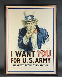 Flagg. I Want You For U.S. Army Poster. 1917.: Flagg, James Montgomery (American, 1870-1960). "I WANT YOU FOR U.S. ARMY". 1917. Published by Leslie Judge co. NY. Signature in plate. Framed: 42" x 31 1/2". Condition: Fine. Linen-backed. Some restor