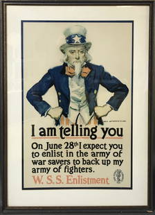 Flagg. Lithograph. I Am Telling You. Early 20th c.: Flagg, James Montgomery (American, 1877-1960). "I Am Telling You" Uncle Sam WWI Poster for WSS Enlistment. Early 20th c. Color lithograph. Image: 29" x 19". Framed: 36" x 26".Condition: Not examined