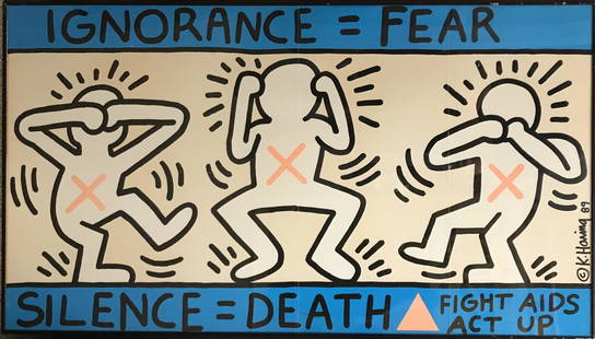 Keith Haring. Fight Aids Act Up. 1989.: Haring, Keith (American, 1958-1990). "Fight Aids Act Up". 1989. Offset lithograph. Signature, date in plate, c.r. Framed: 28" x 43".Condition: Not examined out of frame. Sight good. Overall color