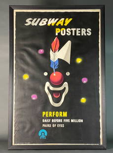 Kauffer. Lithograph. Subway Posters. c.1947.: Kauffer, Edward McKnight (American, 1890-1954). "Subway Posters Perform Daily Before Five Million Pairs of Eyes" poster for 1947 NYSA advertisement campaign. c.1947. Signature in plate l.l. Framed: 48