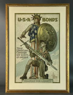 J.C. Leyendecker. WWI Poster.  Boy Scout Bonds.: Leyendecker, J.C. (German-American, 1874-1951). "U.S.A. Bonds Third Liberty Loan Campaign Boy Scouts of America." 1918. Lithograph poster in colors. Signature in plate in l.l. Published by the United