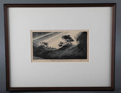 Albee. Wood Engraving. Dunes. 1961.: Albee, Grace Thurston Arnold (American, 1890-1985). "Dunes - Yet pleased our eye pursues the trace / of Light and shade's inconstant race". 1961. Wood engraving. Edition of 35. Signature, date,