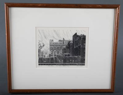 Albee. Wood Engraving. The Storm.... c.1946.: Albee, Grace Thurston Arnold (American, 1890-1985). "The Storm - Old Chelsea District, N.Y." c. 1946. Wood engraving. Edition of 50. Signature, title, limitation, in pencil: l.r., l.c., and l.l.